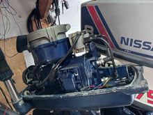 Cargar imagen en el visor de la galería, 8 hp Nissan two stroke 20 inch Tiller outboard 150 lbs compression on both cylinders