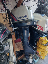 Lade das Bild in den Galerie-Viewer, 8 hp Nissan two stroke 20 inch Tiller outboard 150 lbs compression on both cylinders
