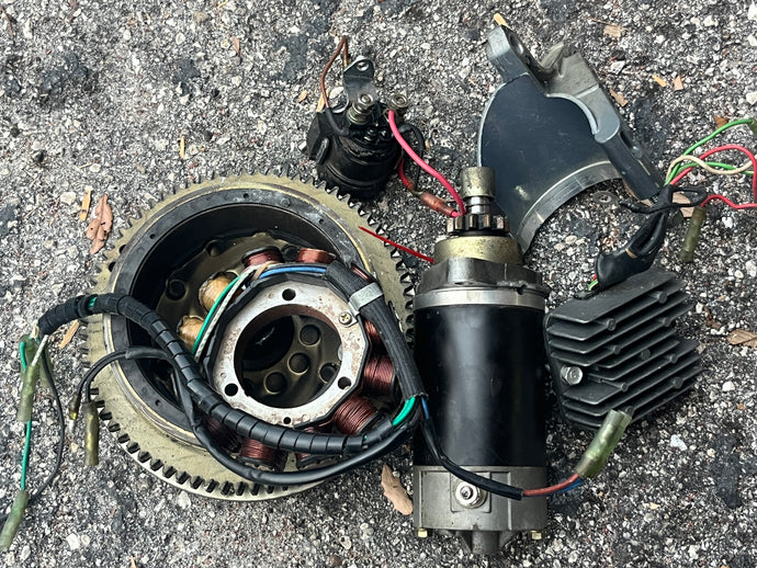 f 9.9 hp Yamaha ELECTRIC START CONVERSION PARTS bundle w STATOR ASSY 6G8-85510-01-00 four stroke 6G8-85550-01-00 ROTOR flywheel, 6G8-85550-11-00, 6G8-81960-00-00 RECTIFIER & REGULATOR, 6G8-81800-11-00 STARTING MOTOR 6G8-81822-40-94 BRACKET