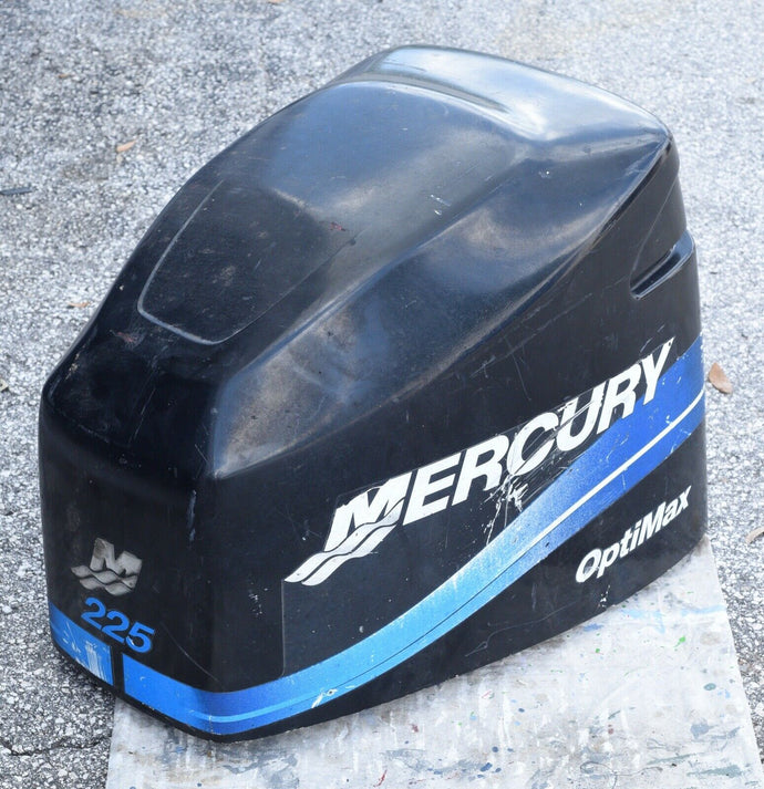 225 hp Mercury Optimax Cowling, blue decals, hood engine cover cowl lid